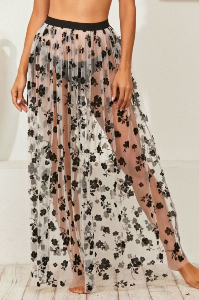 See Through Mesh Floral Print Skirt|Size: L