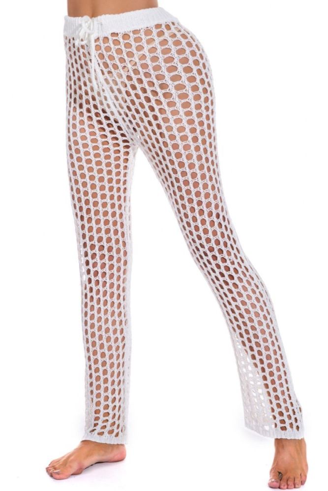 White See Through Crochet Stretch Lace-up Pant|Size: L