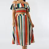 Strip Multi Color Short Sleeve Blouse Skirt Set Size: M