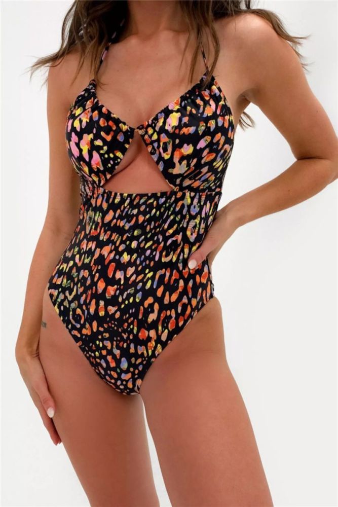 One-piece Printed Sleeveless Stretch Backless Bikini|Size: L