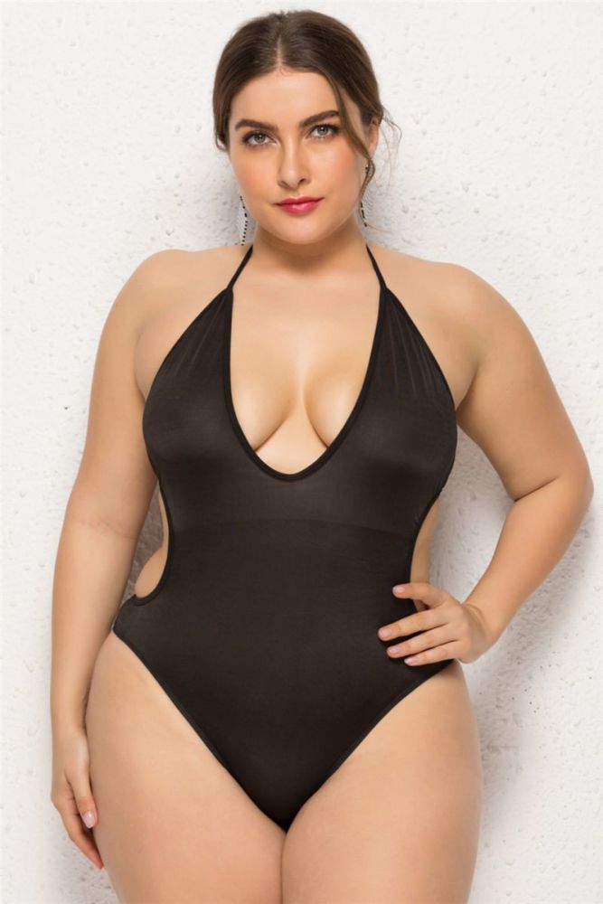 Black Halter Neck Lace-up Stretch One-piece swimsuit|Size: L