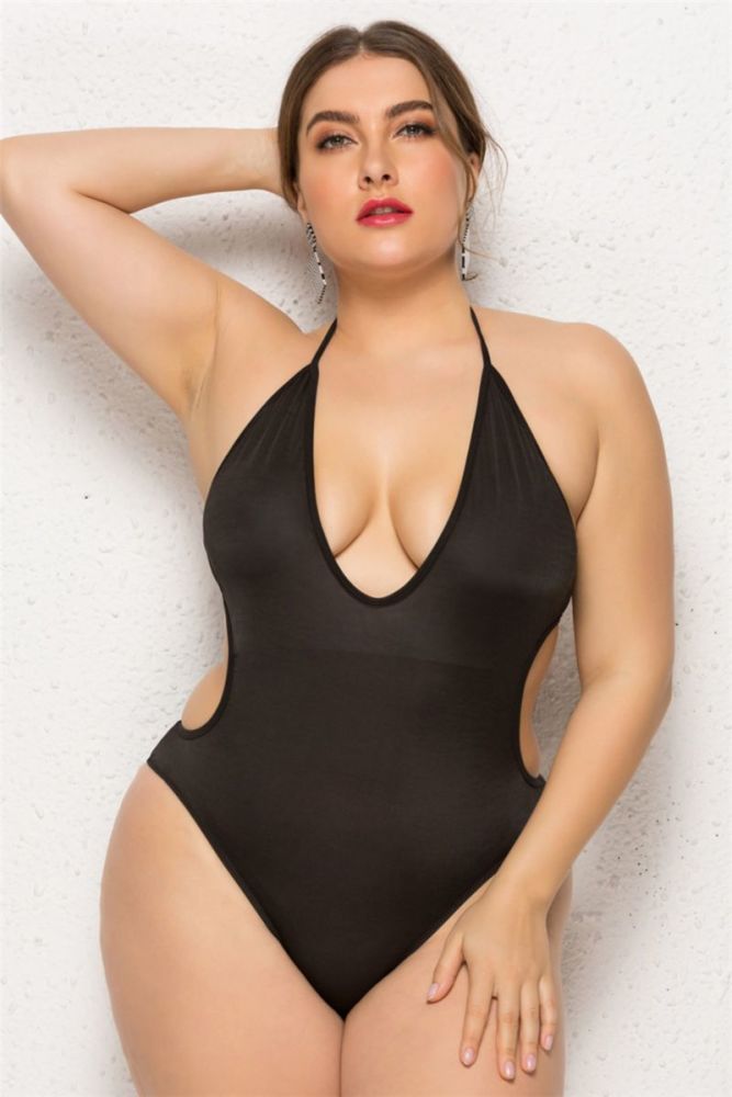 Black Halter Neck Lace-up Stretch One-piece swimsuit|Size: L