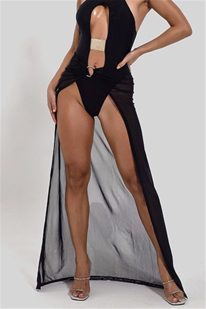 Black Mesh Beach Long Skirt Cover-ups|Size: S
