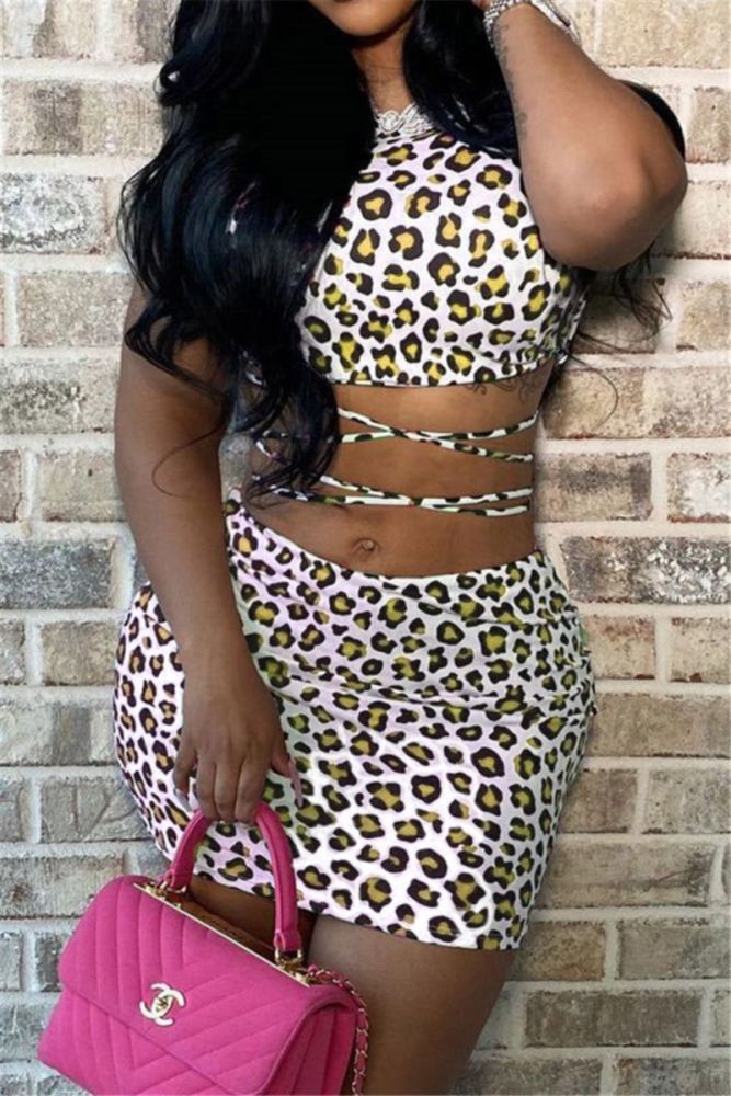 Leopard Print Lace-Up Two-Piece Set Size: M