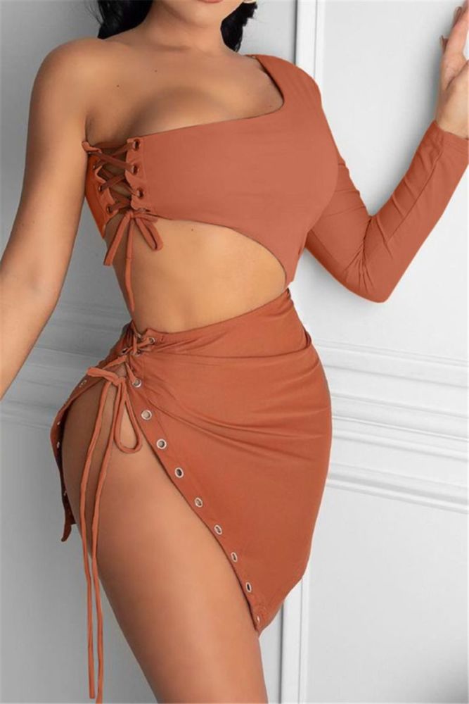 One Shoulder Long Sleeve Lace-Up Two-Piece Set Size: S