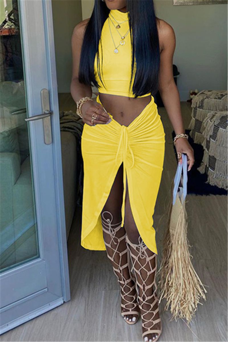 Yellow Slim Skirt Two-Piece Set|Size: L