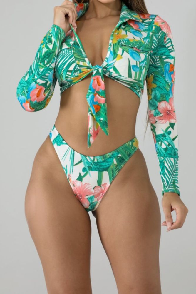 Flowers Printed Long-Sleeve Two-Piece Swimsuit|Size: L