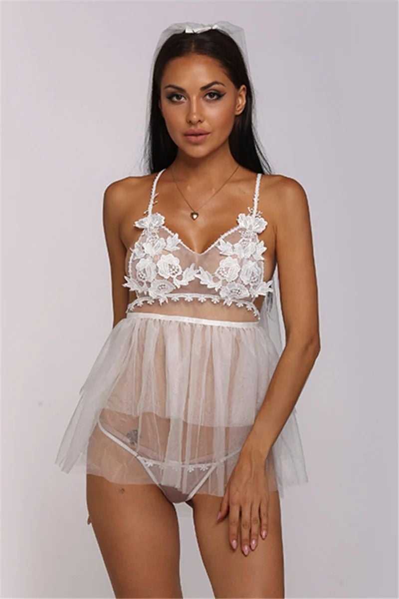 White Embroidery See-Through Sexy Babydoll|Size: S