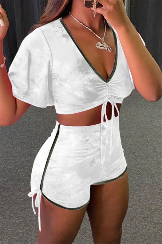 (CLEARANCE) White V-Neck Drawstring Lace Two-Piece Set Size: L