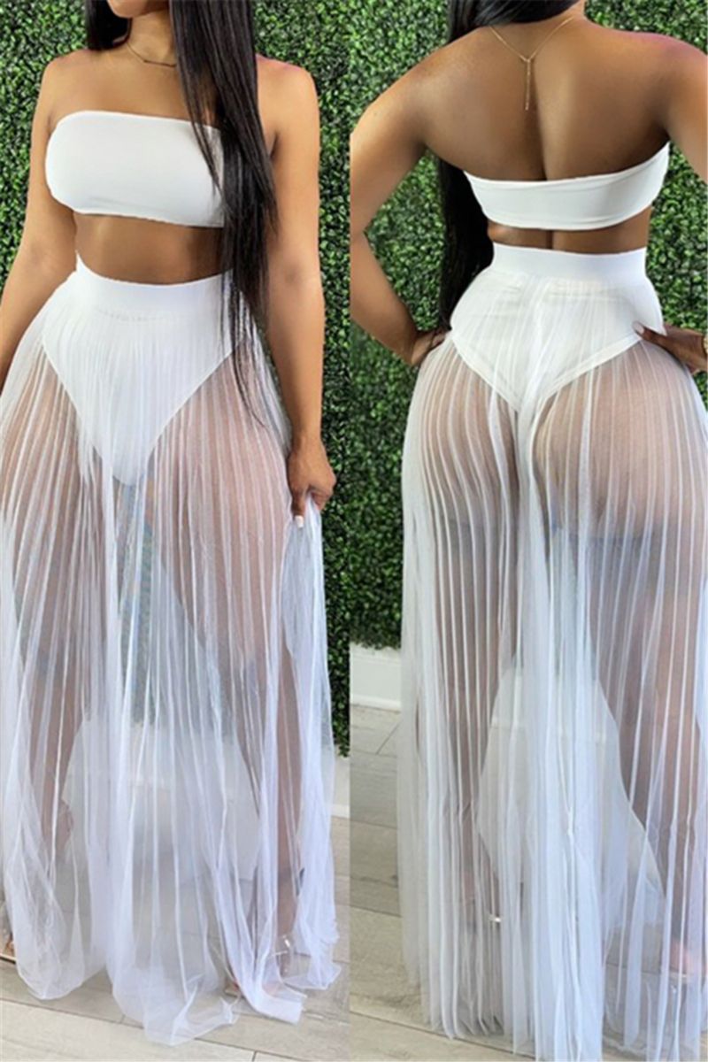 White Tube Top Mesh Skirt 3-Piece Set|Size: XL