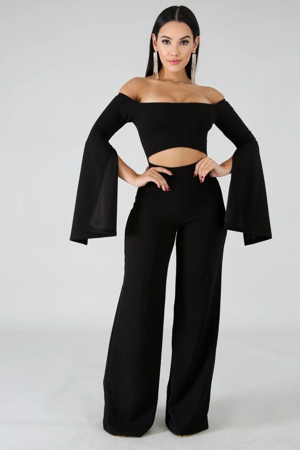 Black Long Sleeve Wide Leg Jumpsuit|Size: XS