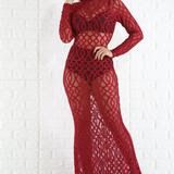 A126|Burgundy Long Sleeve Mesh Maxi Mermaid Dress Size: S