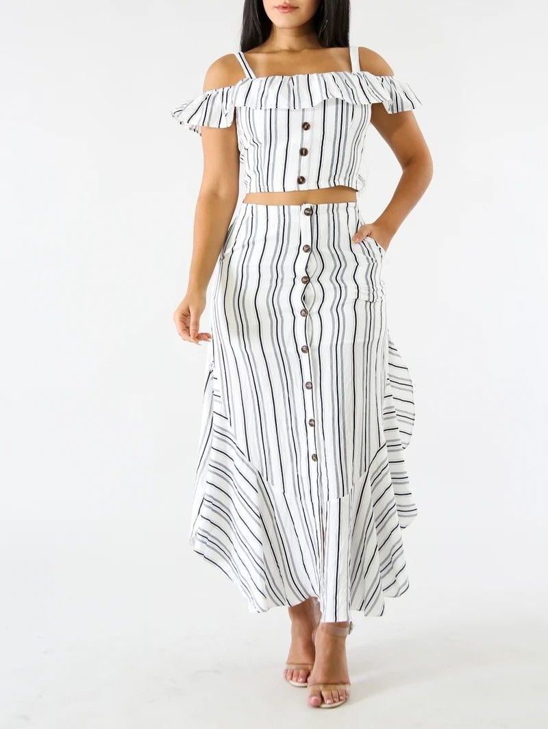 Button Ruffle Stripe Skirt Set|Size: S