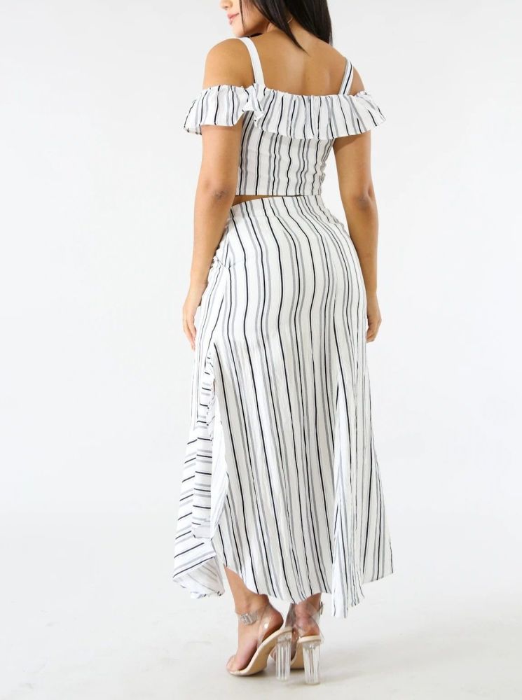 Button Ruffle Stripe Skirt Set|Size: S