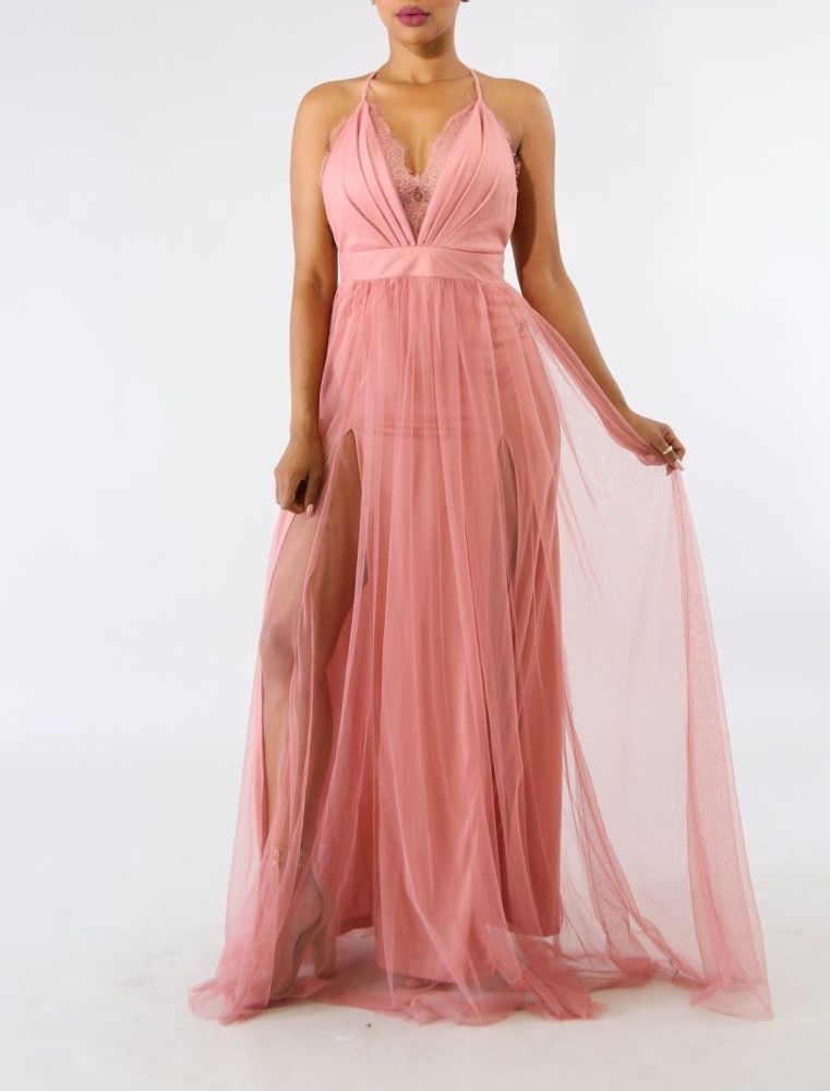 A042|Blush Lace Maxi Dress Size: S