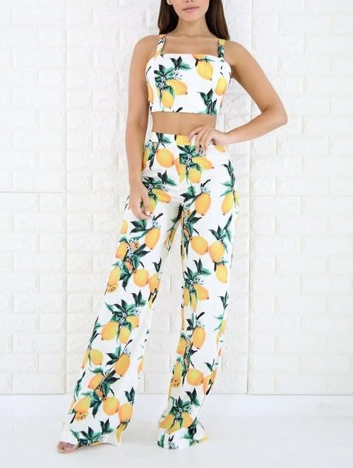 Lemon Flowers Printed Pant Set|Size: M