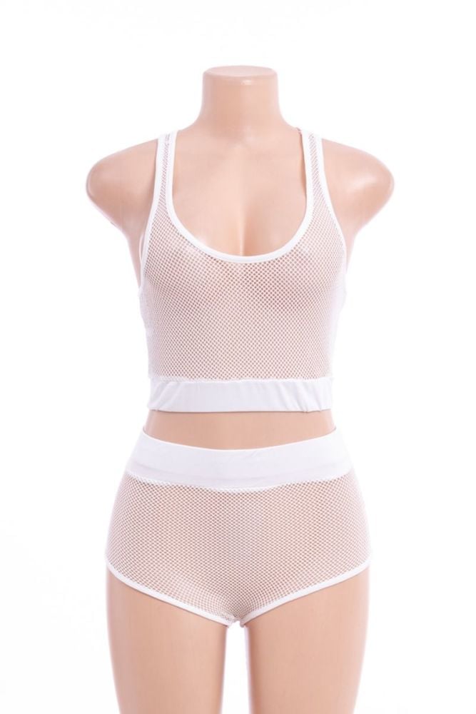 Size: S White Stretch See Through Mesh High Waist Two-piece SKU: 2P0666
