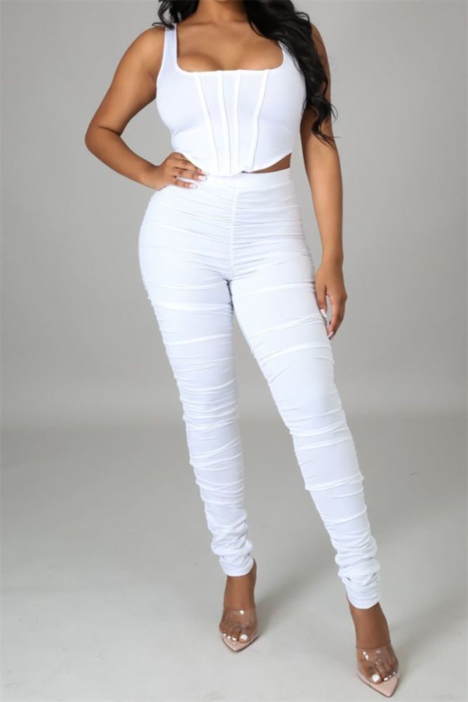 White Stretch Low-Cut Pleated Slim Fit Two-Piece Set Size: M/L