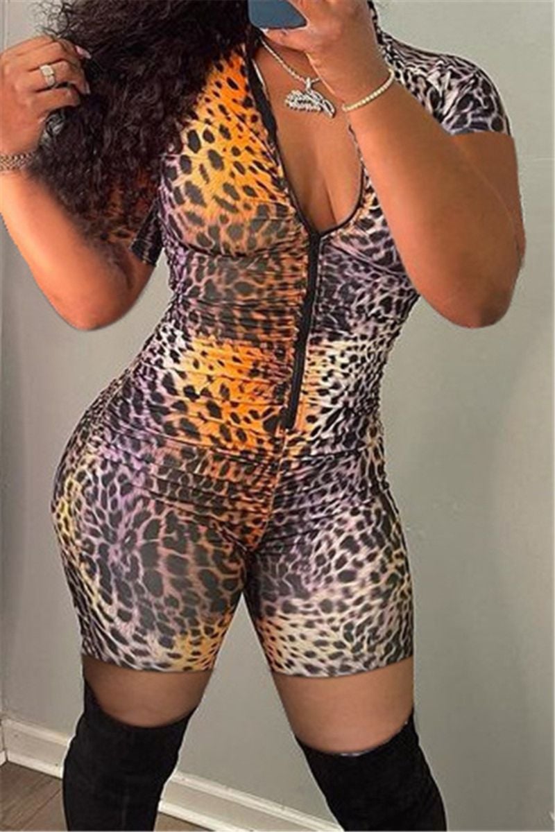 Leopard Print Stretch Zip-Up Slim Playsuit Size: XL