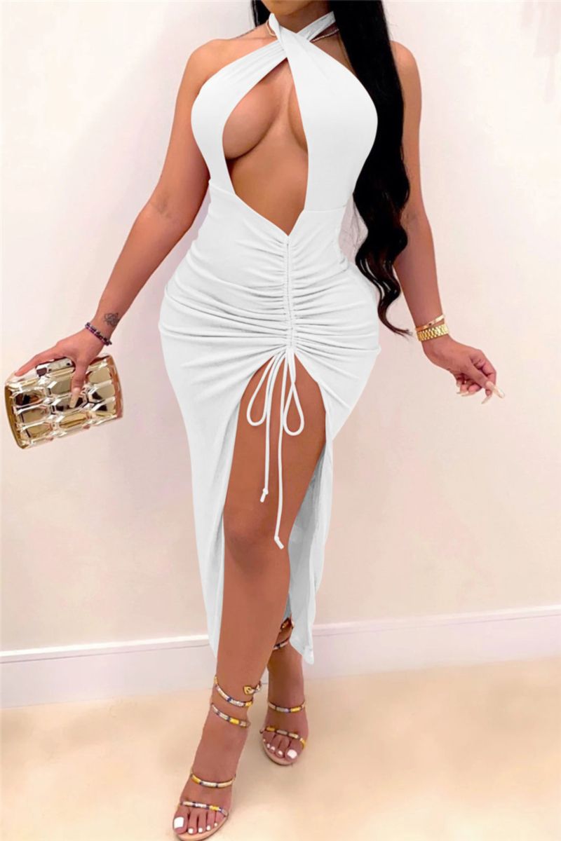 White High Split Drawstring Midi Dress Size: 