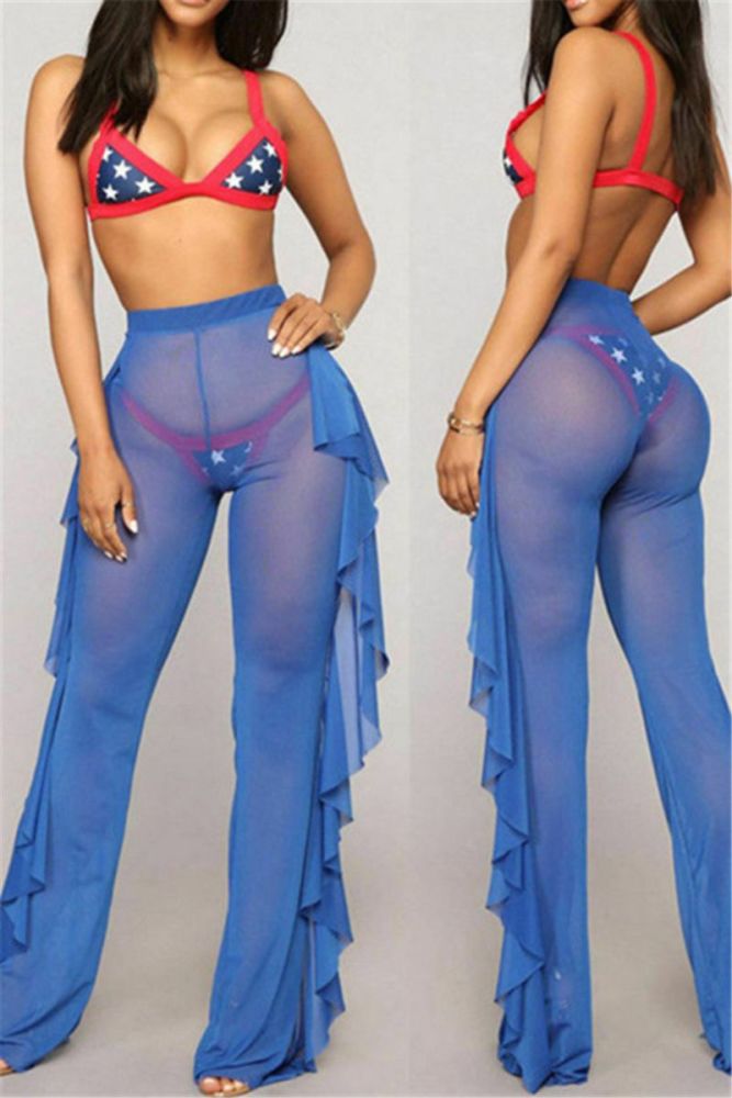 ( Available In Different Colors) See Through Mesh Ruffle Beach Pants 