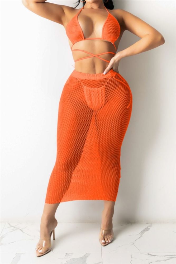 Orange Mesh See Through Lace-Up Two-Piece Set Size: M