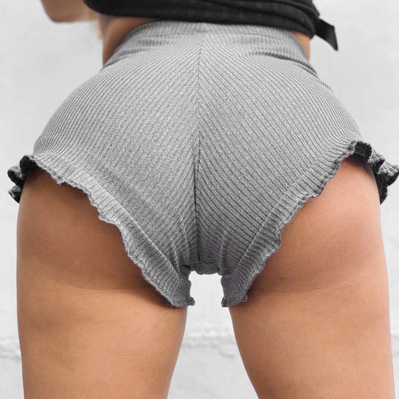 Gray High Waist Tight-Fitting Ruffled Stretch Sports Shorts |Size: S