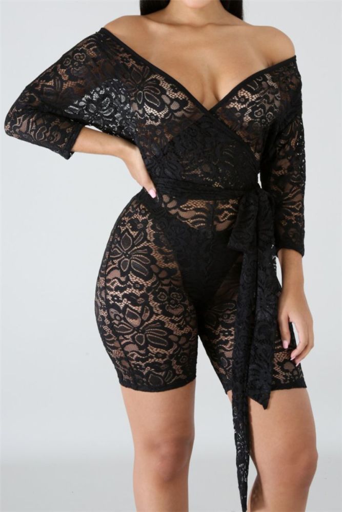 Black Lace See Through Playsuit Size: 1XL