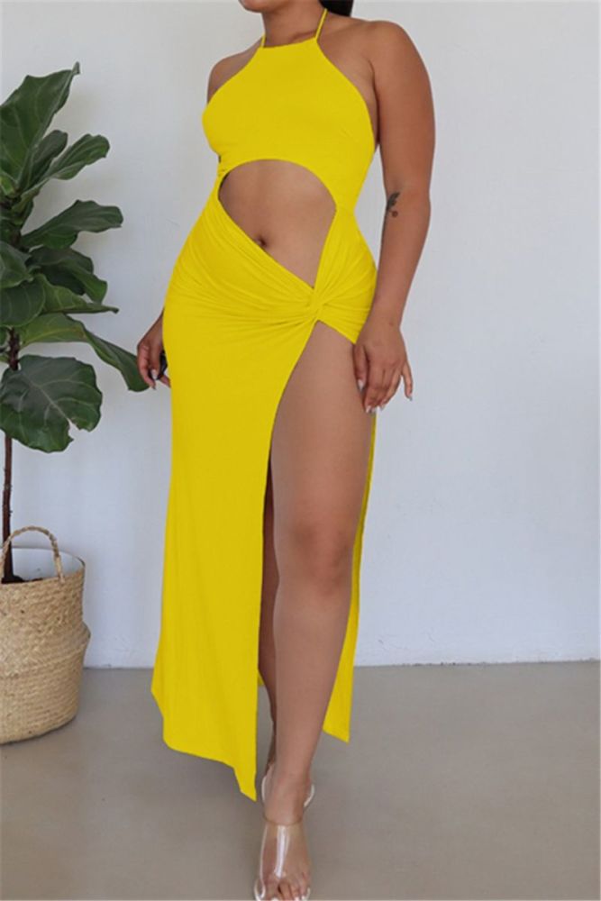 Size: M/L Yellow Halter-Neck High Split Sleeveless Dress SKU: B76859