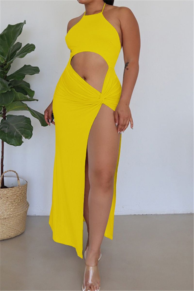 Yellow Halter-Neck High Split Sleeveless Dress Size: M