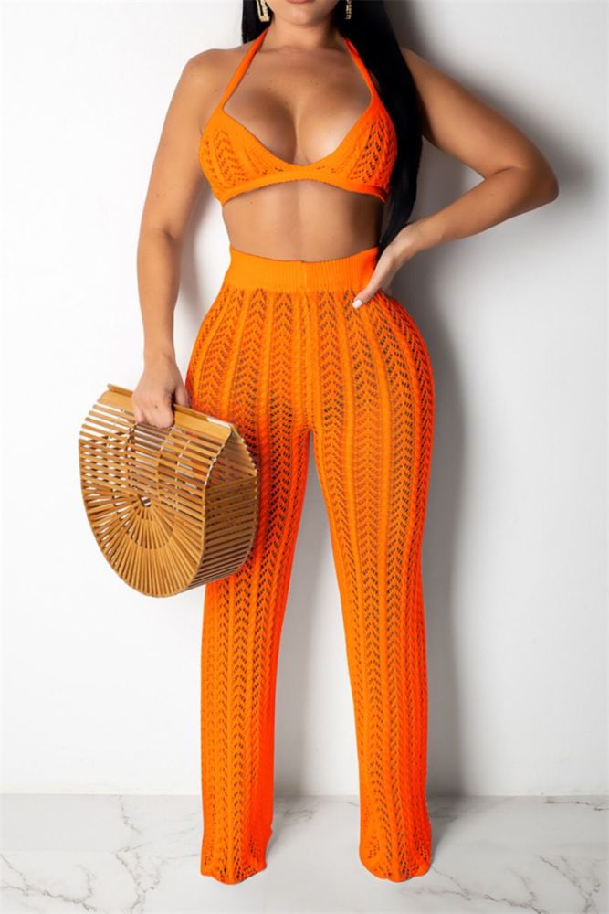Orange Crochet Halter Neck See Through Two-Piece Set |Size: L