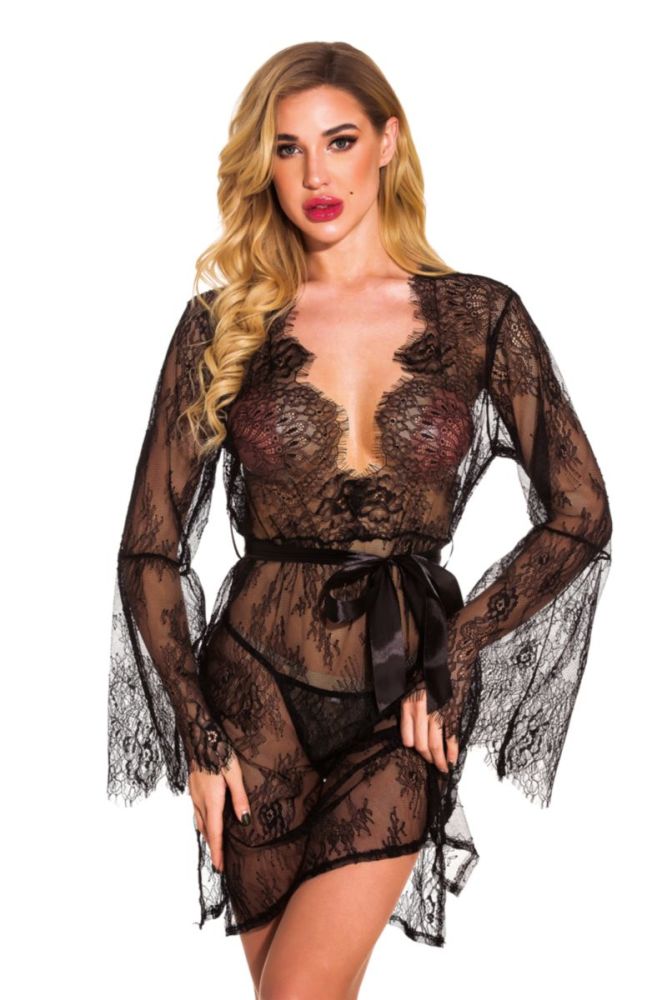 Black Halter-Neck Mesh See Through Babydoll Set(With G-strings)Size: L