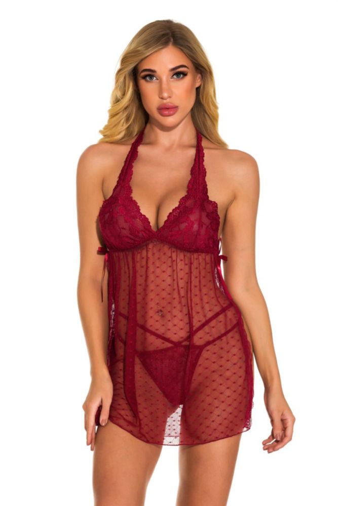 Red Halter-Neck Mesh See Through Baby Doll Set(With G-strings) Size: M