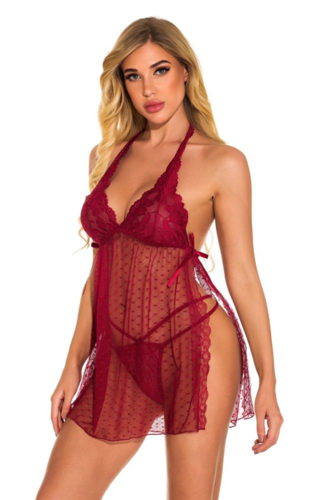 Red Halter-Neck Mesh See Through Baby Doll Set(With G-strings) Size: M