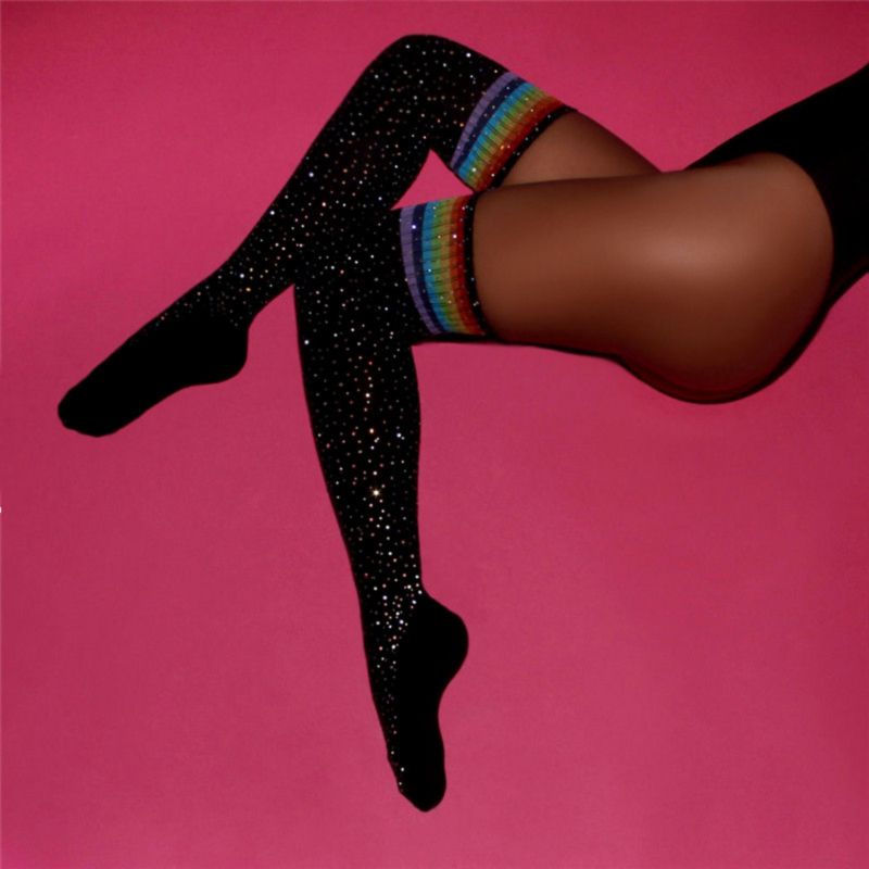 Fashion Long Socks Rhinestone/Black Rainbow Striped |Size: OS