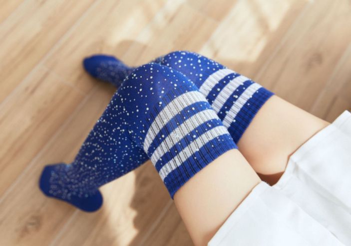 Fashion Long Socks Rhinestone/Blue White Striped |Size: OS