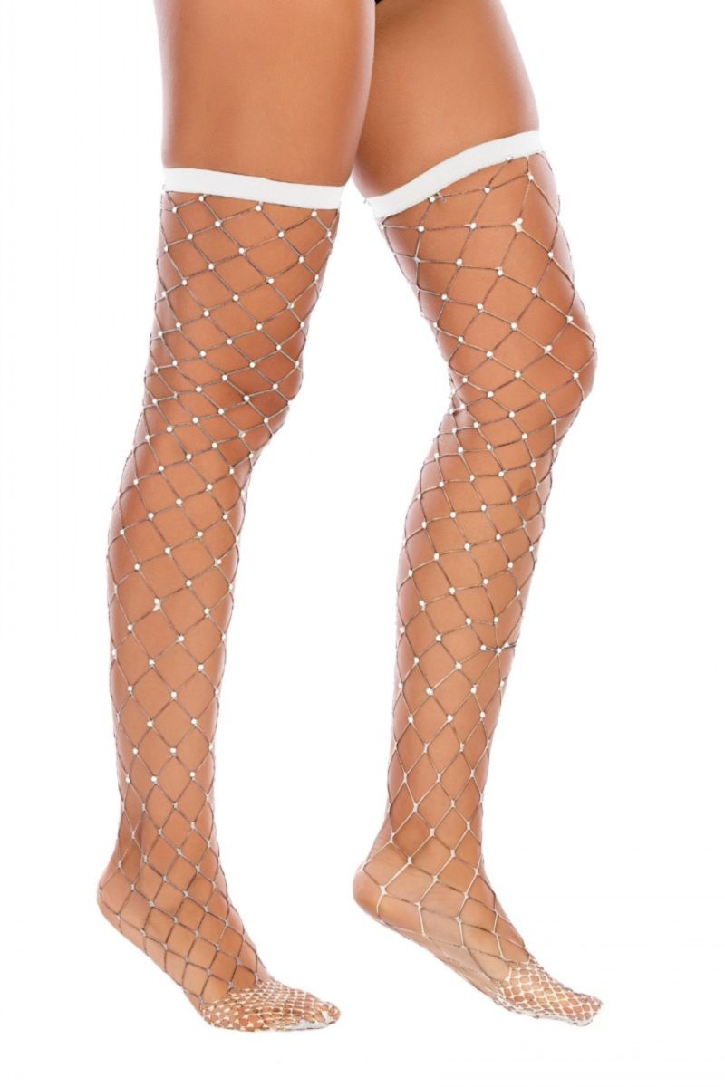 White Fishnet Crotchless Pantyhose with Rhinestones and Suspender One Size