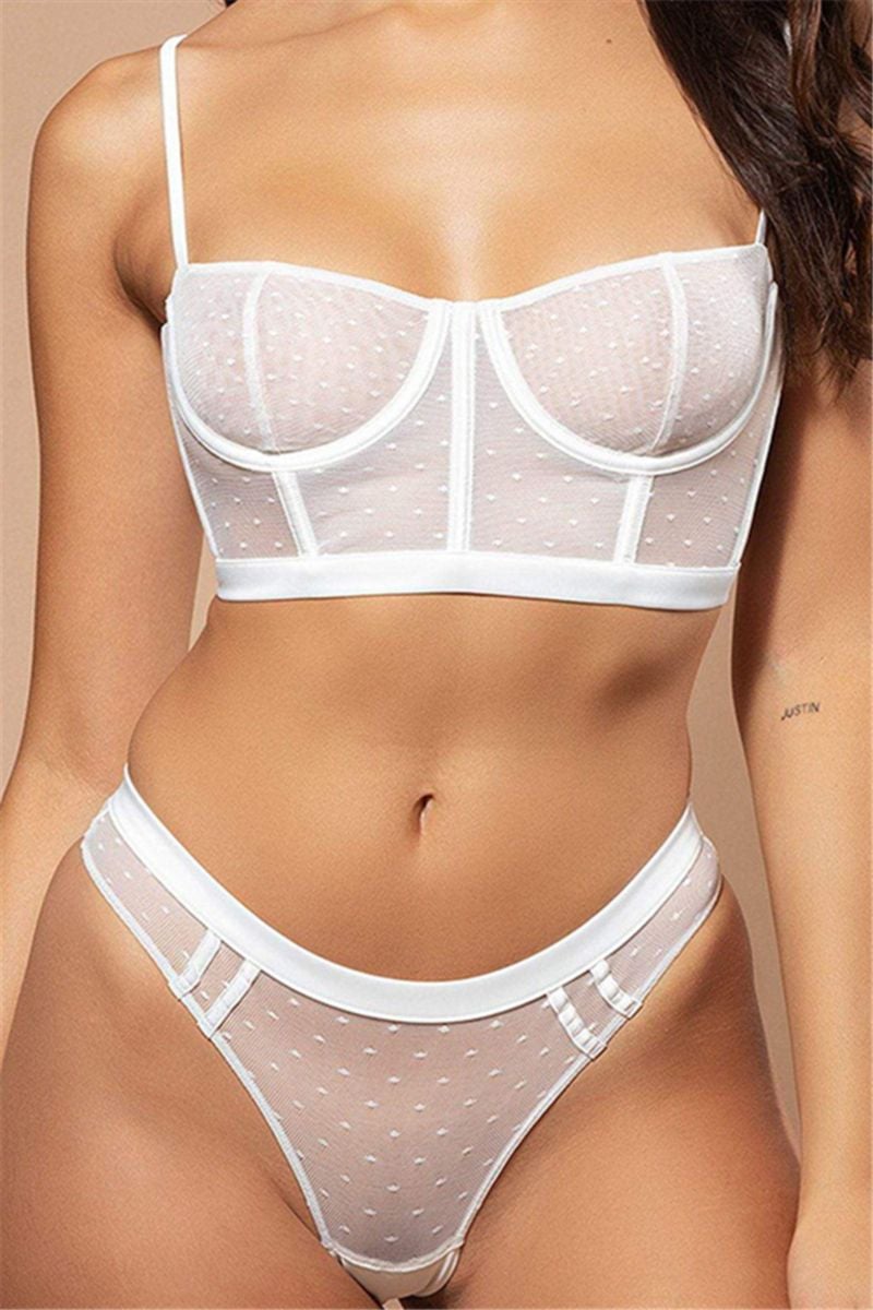 White Polka Dot Mesh 2-Pc Lingerie Set |Size: L