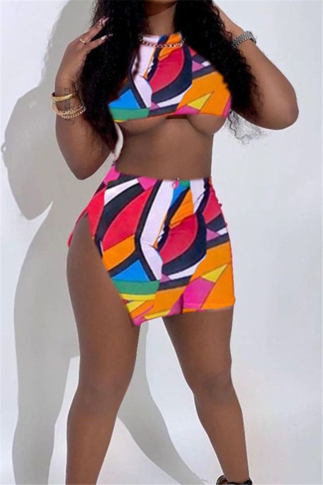 Sexy Colorful Sleeveless Printed Side Split Two-Piece |Size: M