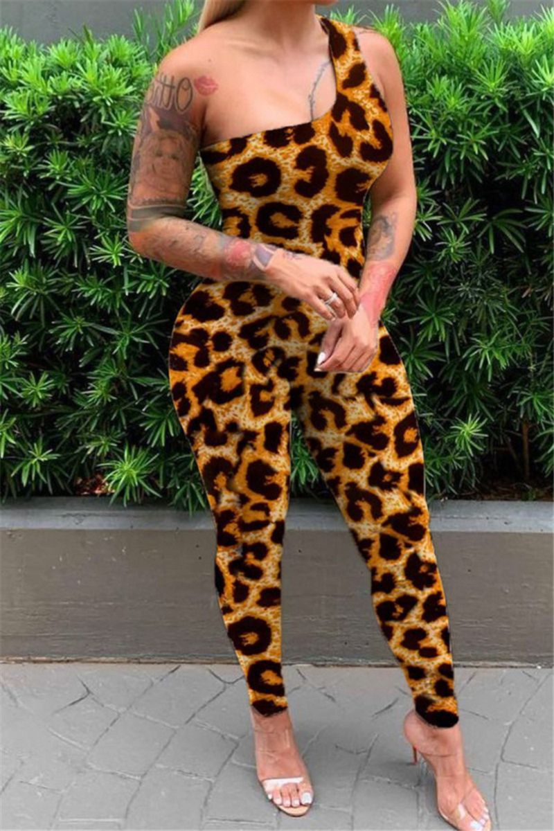 Leopard Printed Stretch One-Shoulder Jumpsuit |Size: XL