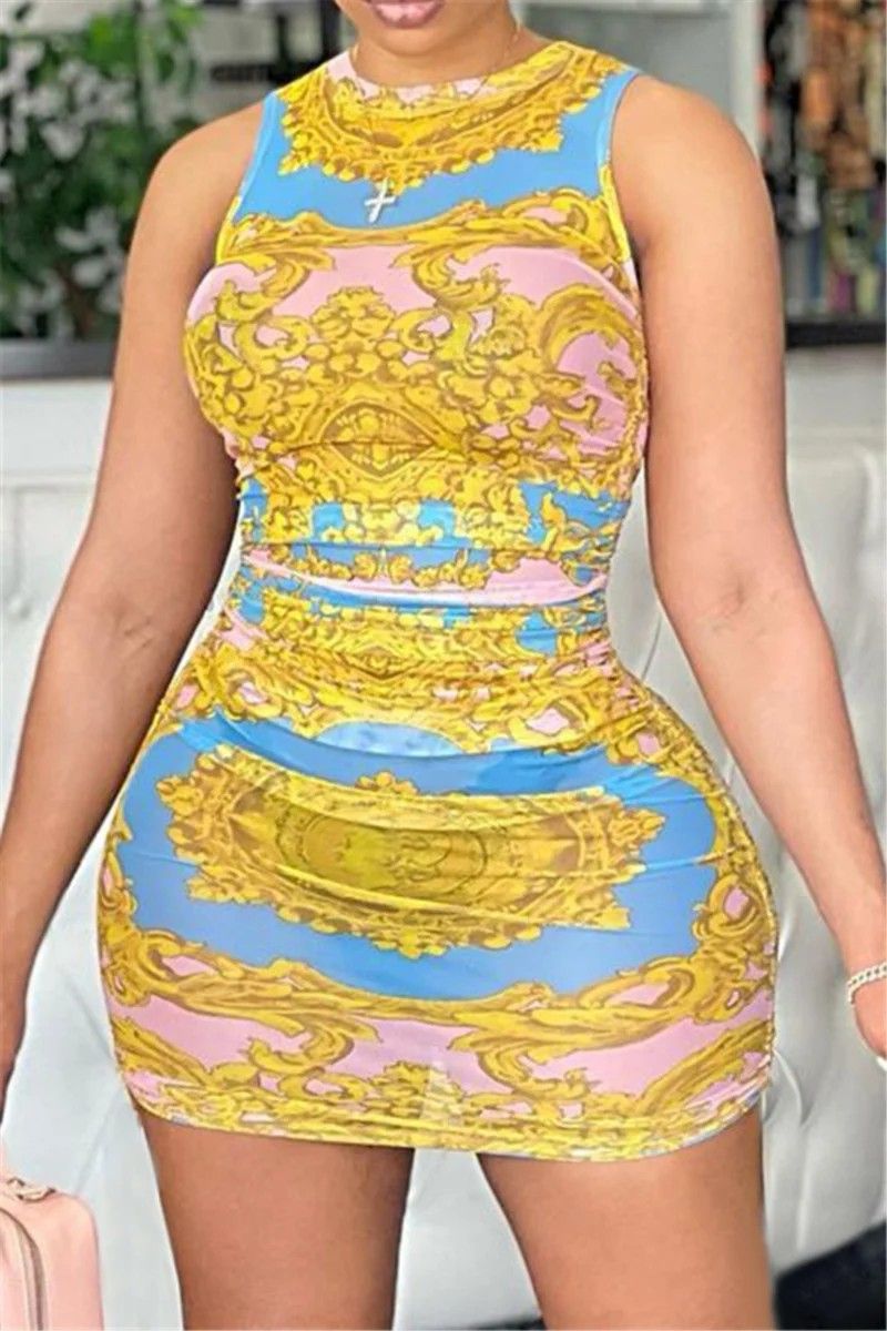  Printed Sleeveless Zip-Up Mesh See Through Bodycon Dress |Size: S