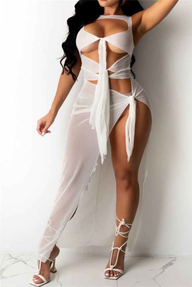 New Markdown White See Through Lace-Up Dress Size: L
