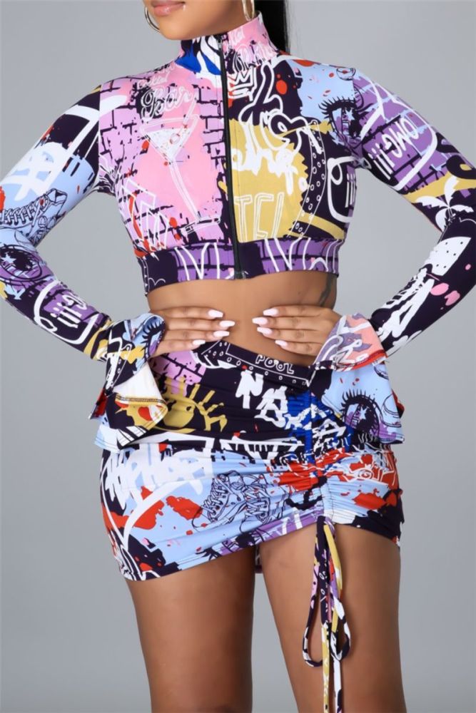 Printed Zip-Up Flare Sleeve 4-Piece Set Size: M