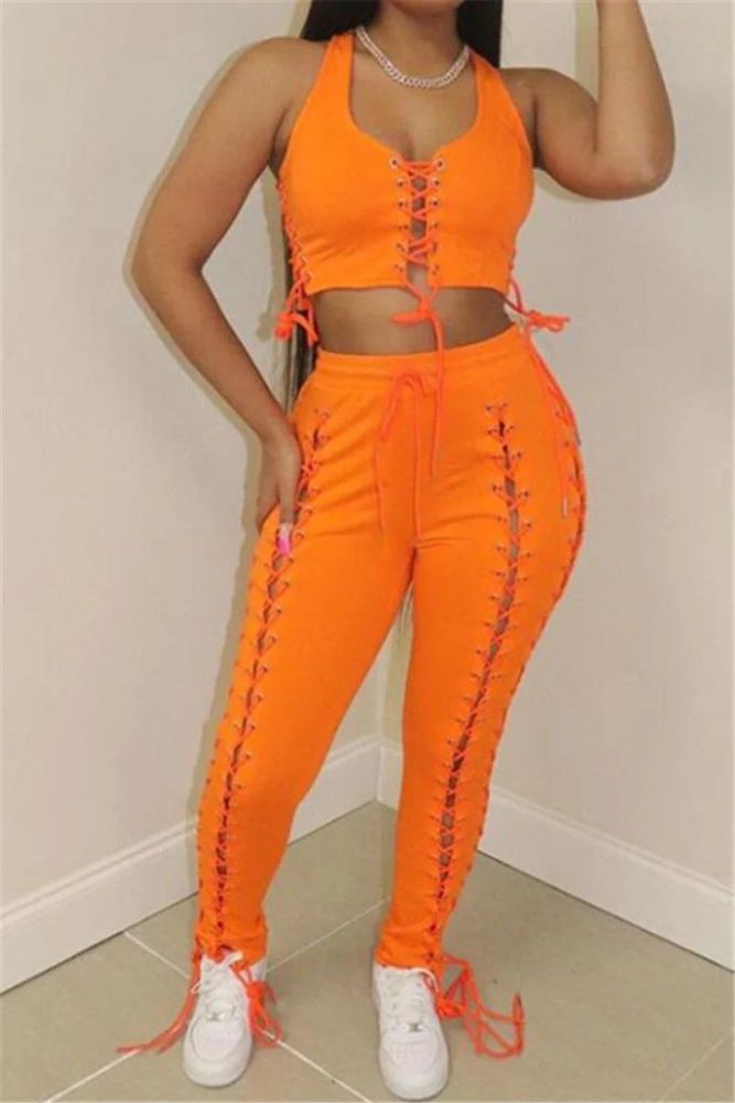 Orange Sleeveless Lace-Up Two-Piece Set |Size: S