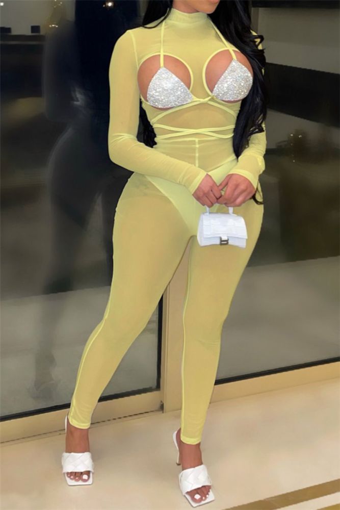 Yellow Mesh See Through Jumpsuit Size: M(with sequin unpadded bra)