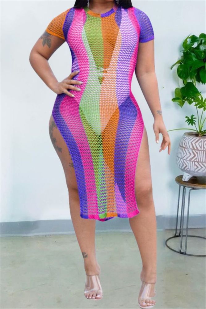 Stripe Printed High Split Cover-Up Dress Size: L