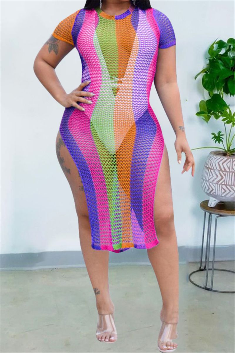 Stripe Printed High Split Midi Dress Size: L