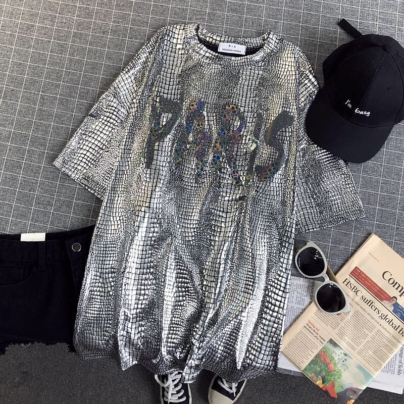 Black/Silver Oversized Loose Fit Printed T-Shirt Size: M