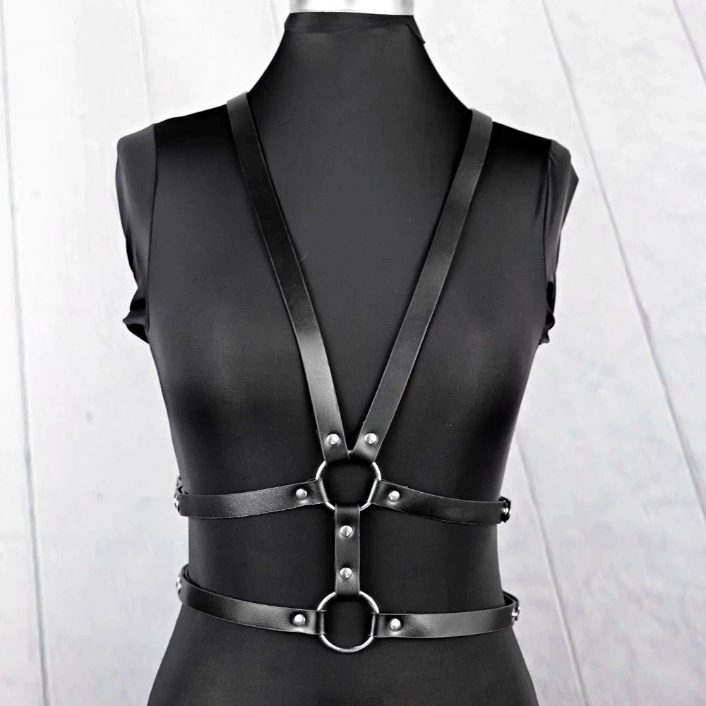 Black Pu-Leather Harness Suspenders Garter Belts |Size: OS