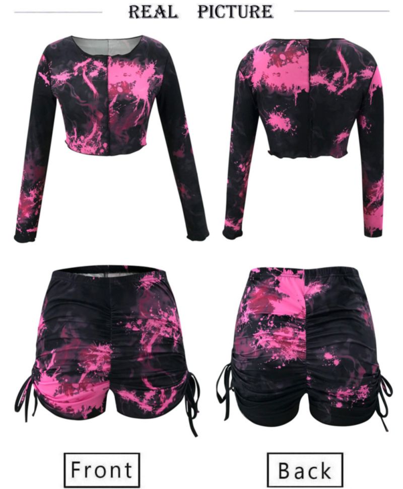 Tie-Dyed Stretch Long-Sleeve Drawstring Two-Piece Set Size: S